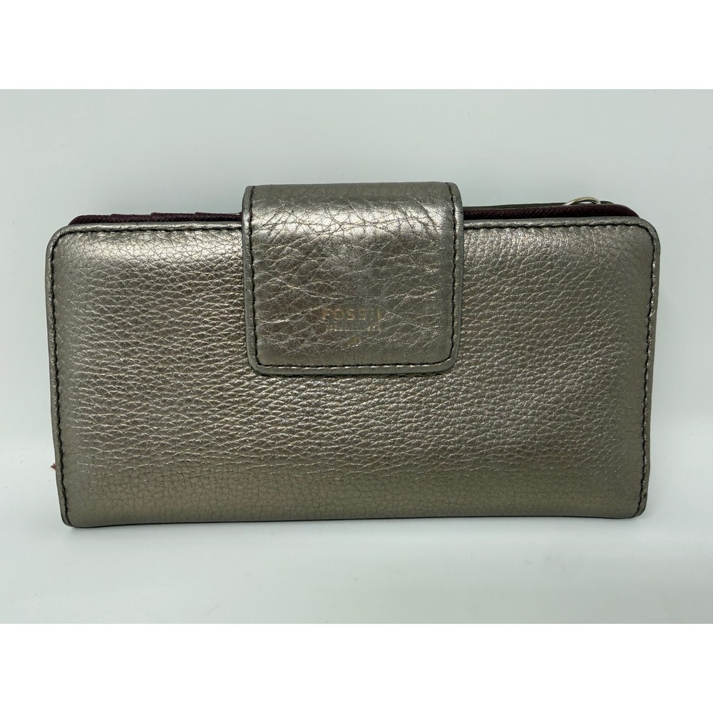 Fossil Logan Bifold Clutch Wallet Metallic Pewter Pebbled Leather Snap Closure